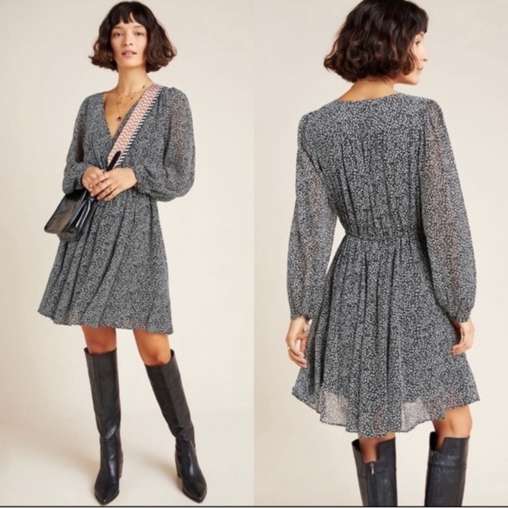 Maeve Black and White Floral V-Neck Long-Sleeve A-Line Dress
